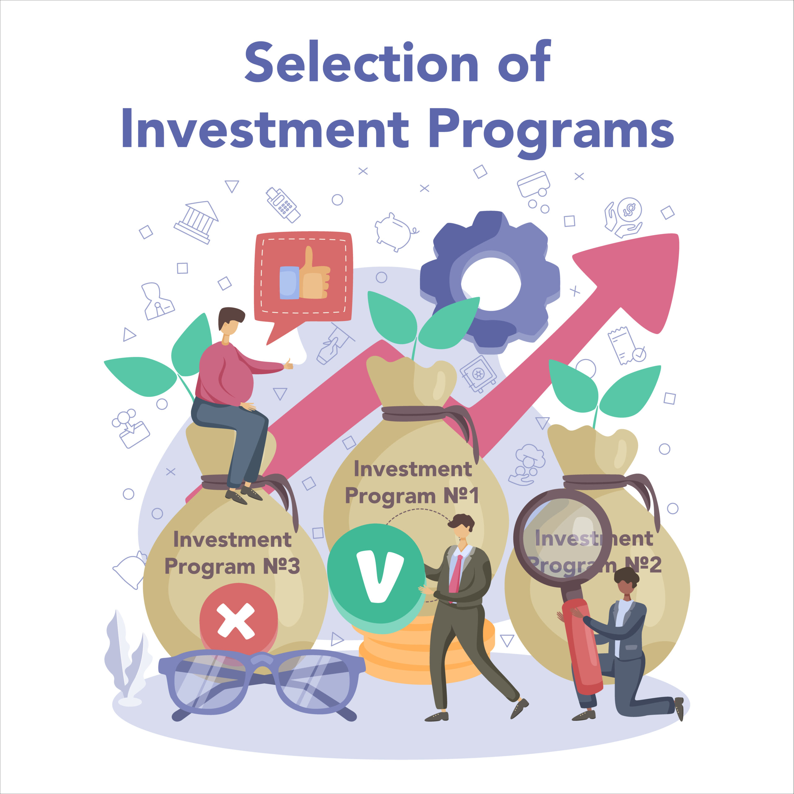 Financial consultant. Investment program selection. Investing stategy, fundamental analysis, deversification, increased investment. Investing money in project. Vector flat illustrationI